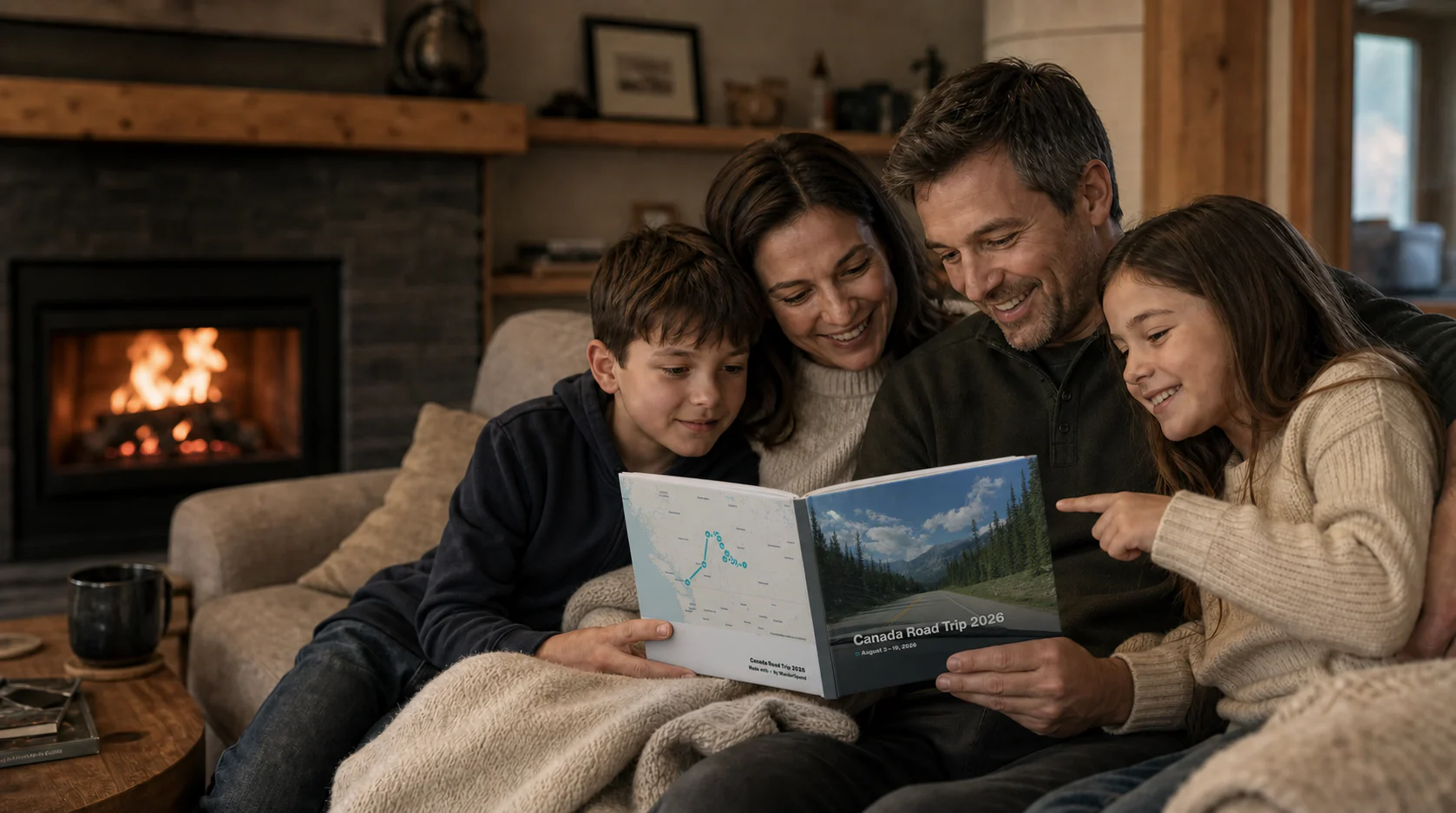 Eine vierköpfige Familie betrachtet gemeinsam das gedruckte WanderSpend Canada Road Trip Fotobuch