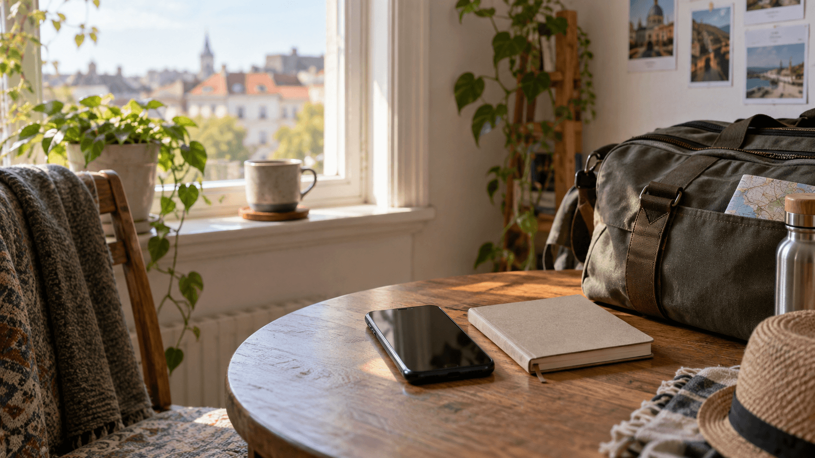 KI-generierte redaktionelle Illustration zur Reisevorbereitung: Smartphone und Reisetasche an einem Fenster; keine echte eSIM-Einrichtung.