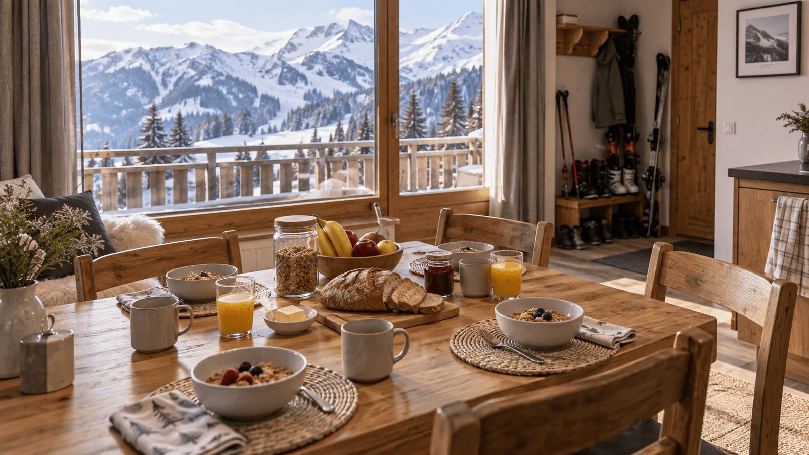 Illustration of breakfast in a simple alpine apartment, with ski boots by the entrance.