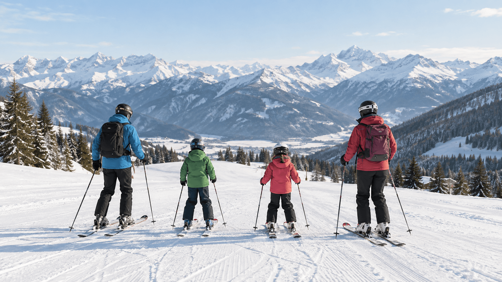 Illustration of two adults and two helmeted children on a gentle snowy alpine piste.