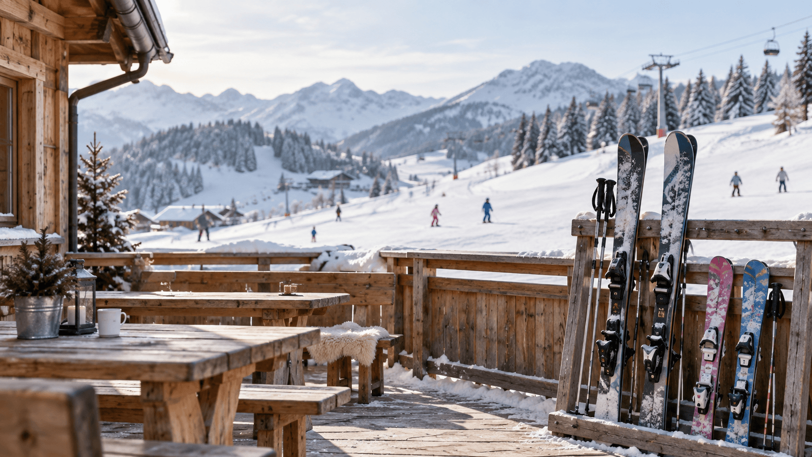 Adult and children's skis beside a timber terrace overlooking a gentle snowy Alpine ski slope.