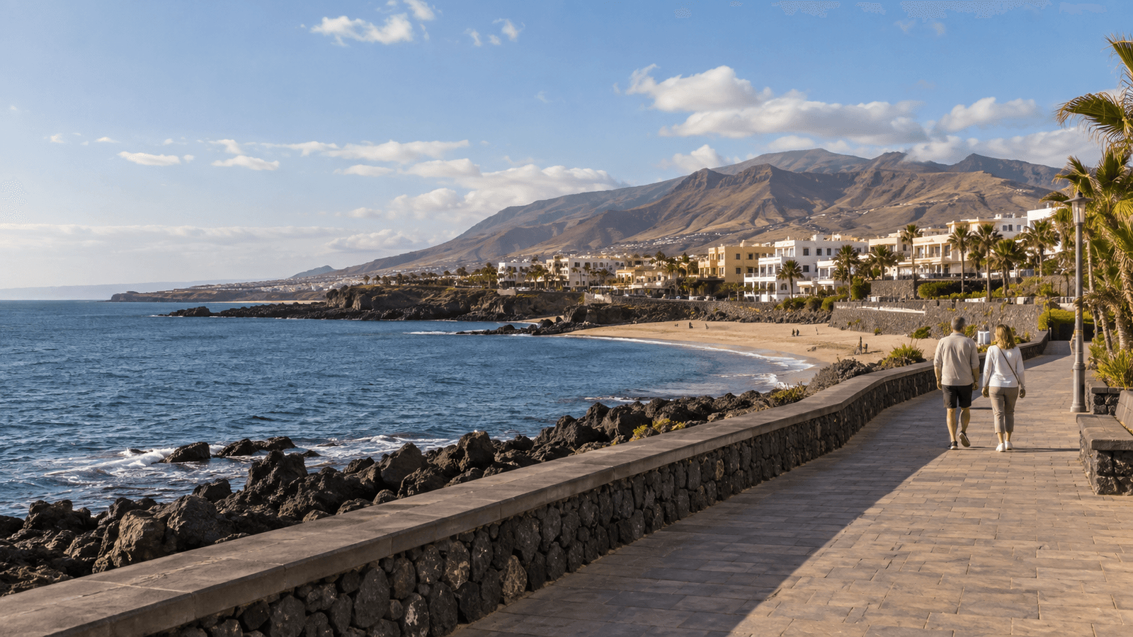 AI illustration of a coastal promenade inspired by southern Tenerife in winter light.