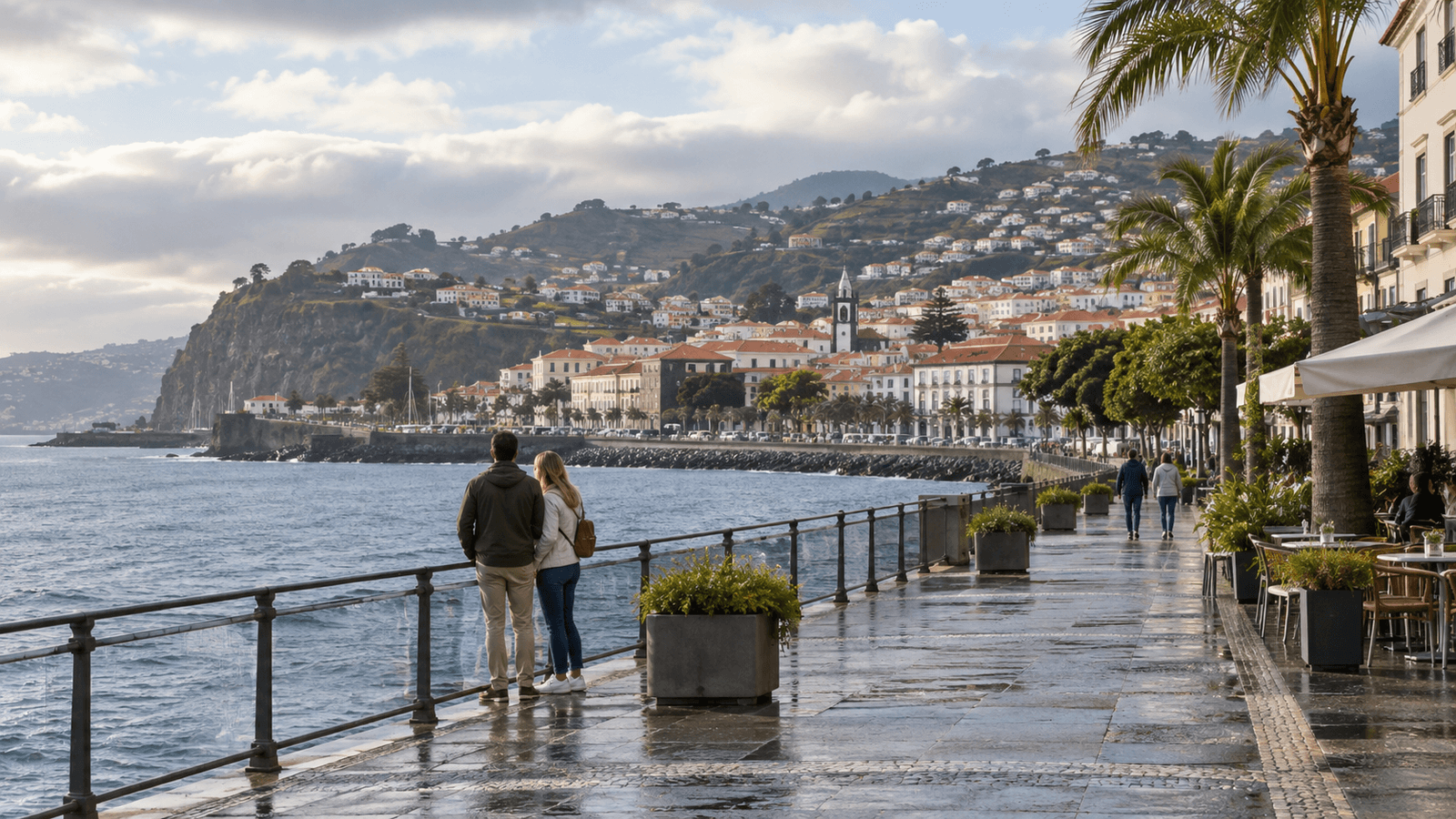 AI illustration of a coastal city inspired by Funchal, with green hills in winter light.