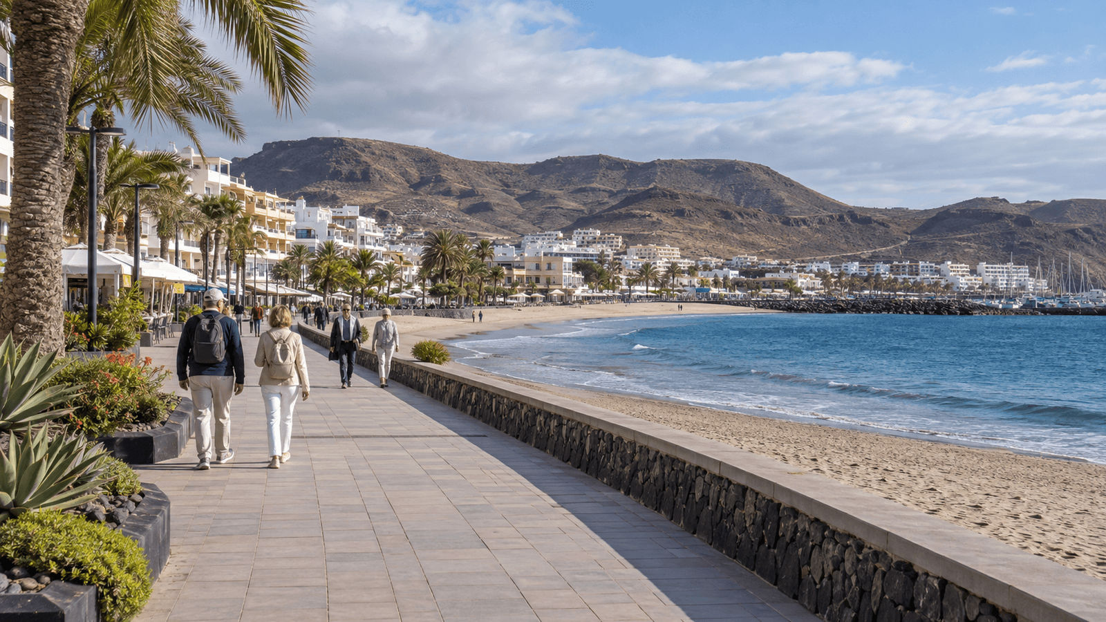 AI illustration of a southern Tenerife coast with beach, promenade and soft winter light.