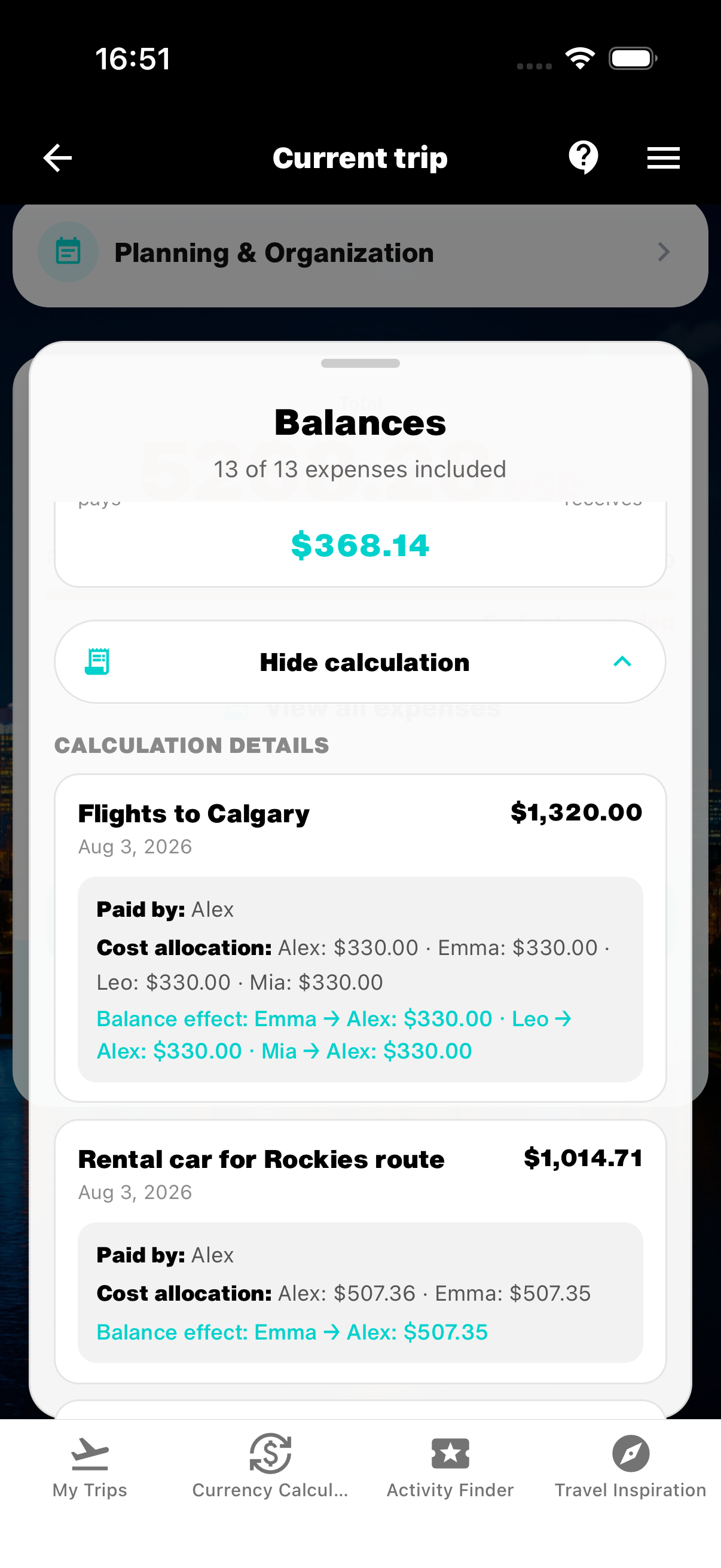 WanderSpend calculation details with expenses, payers and cost shares