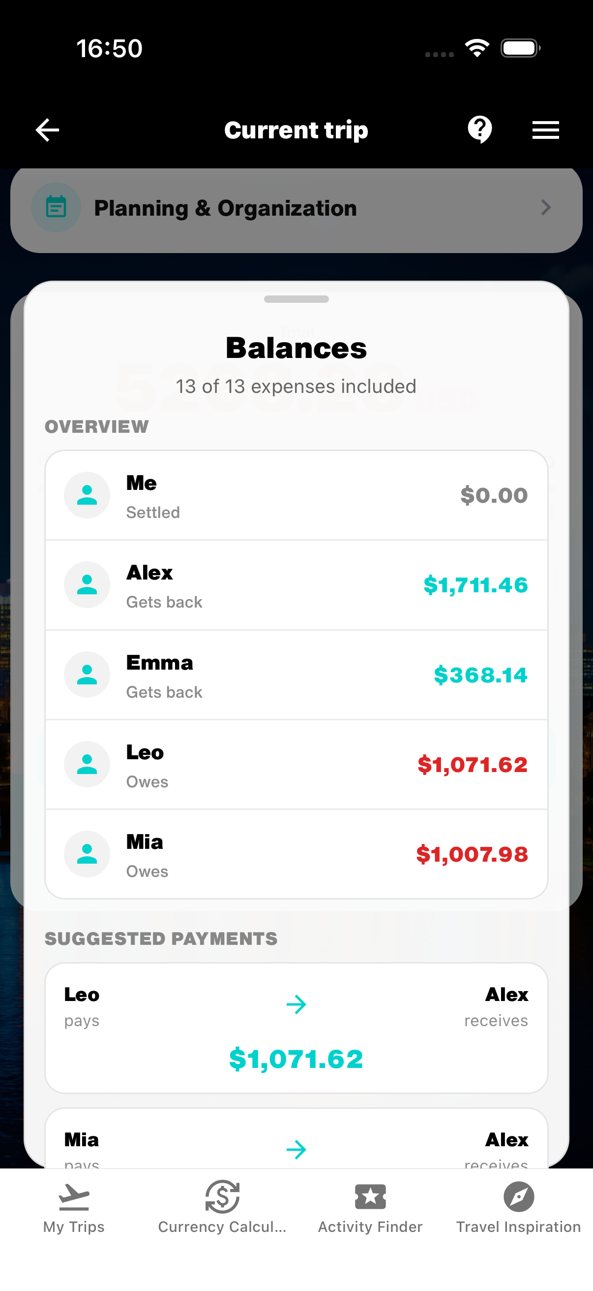 WanderSpend balance overview with open amounts and suggested payments