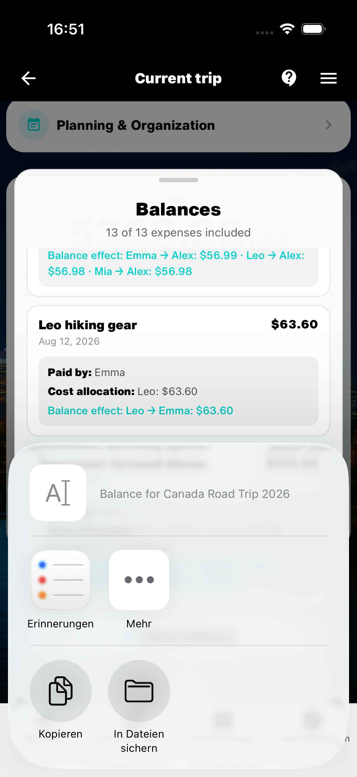 Shared WanderSpend statement with payment suggestions and calculation details