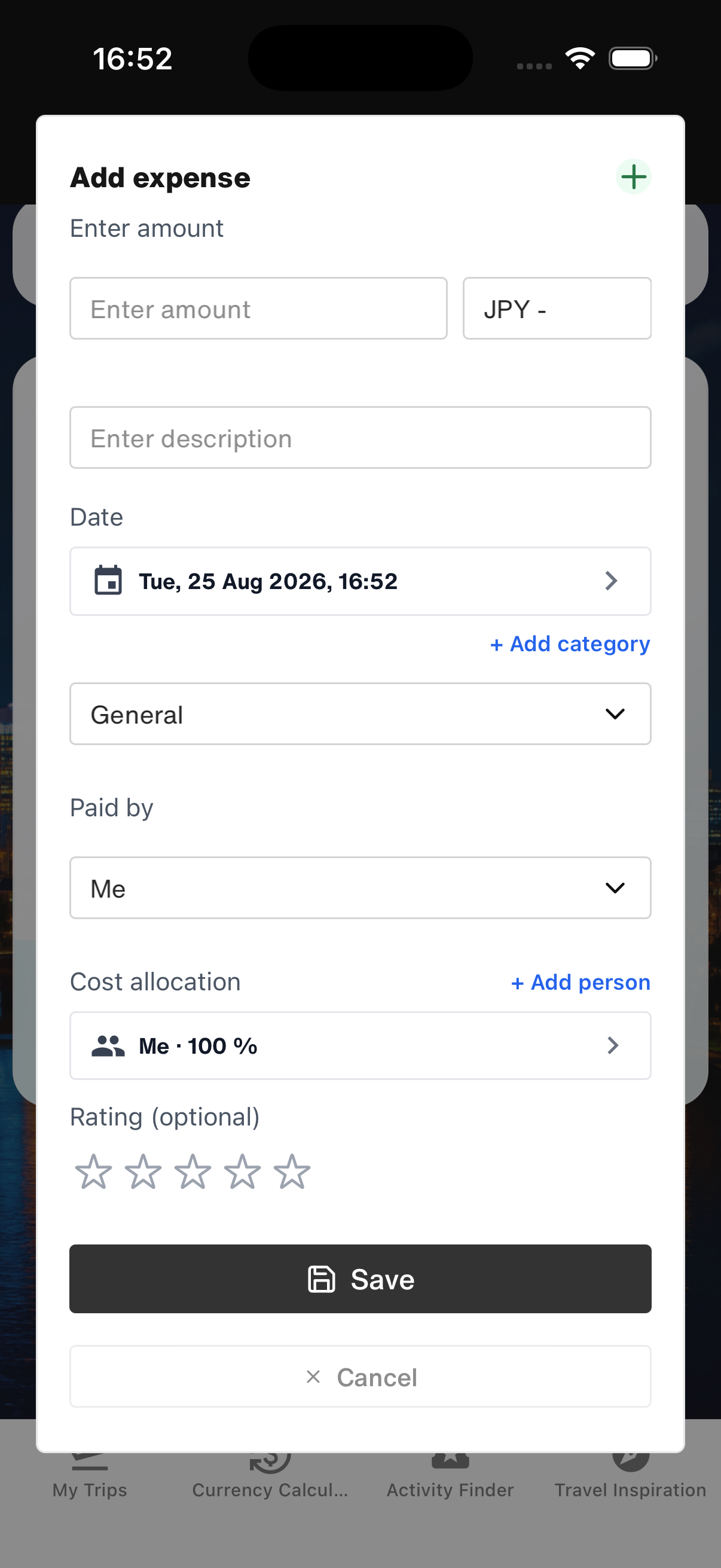 WanderSpend expense showing the payer and a custom cost allocation