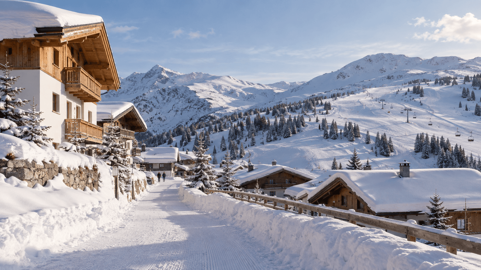 KI-Illustration einer höhergelegenen winterlichen Unterkunftsbasis in den Alpen