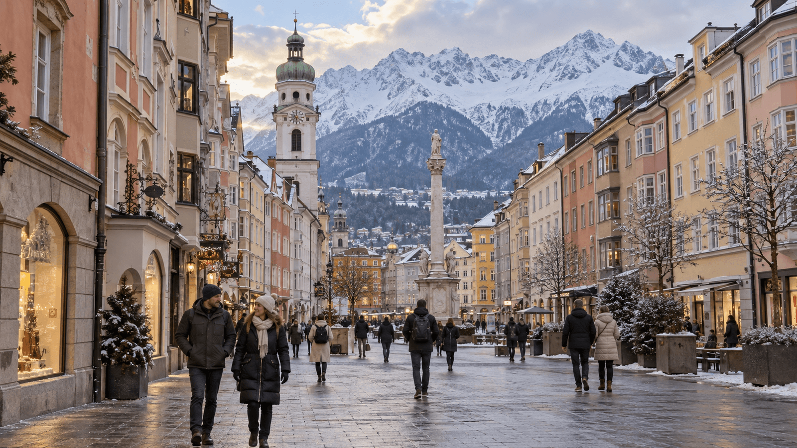 KI-Illustration einer winterlichen Innsbrucker Stadtszene mit alpinem Hintergrund.