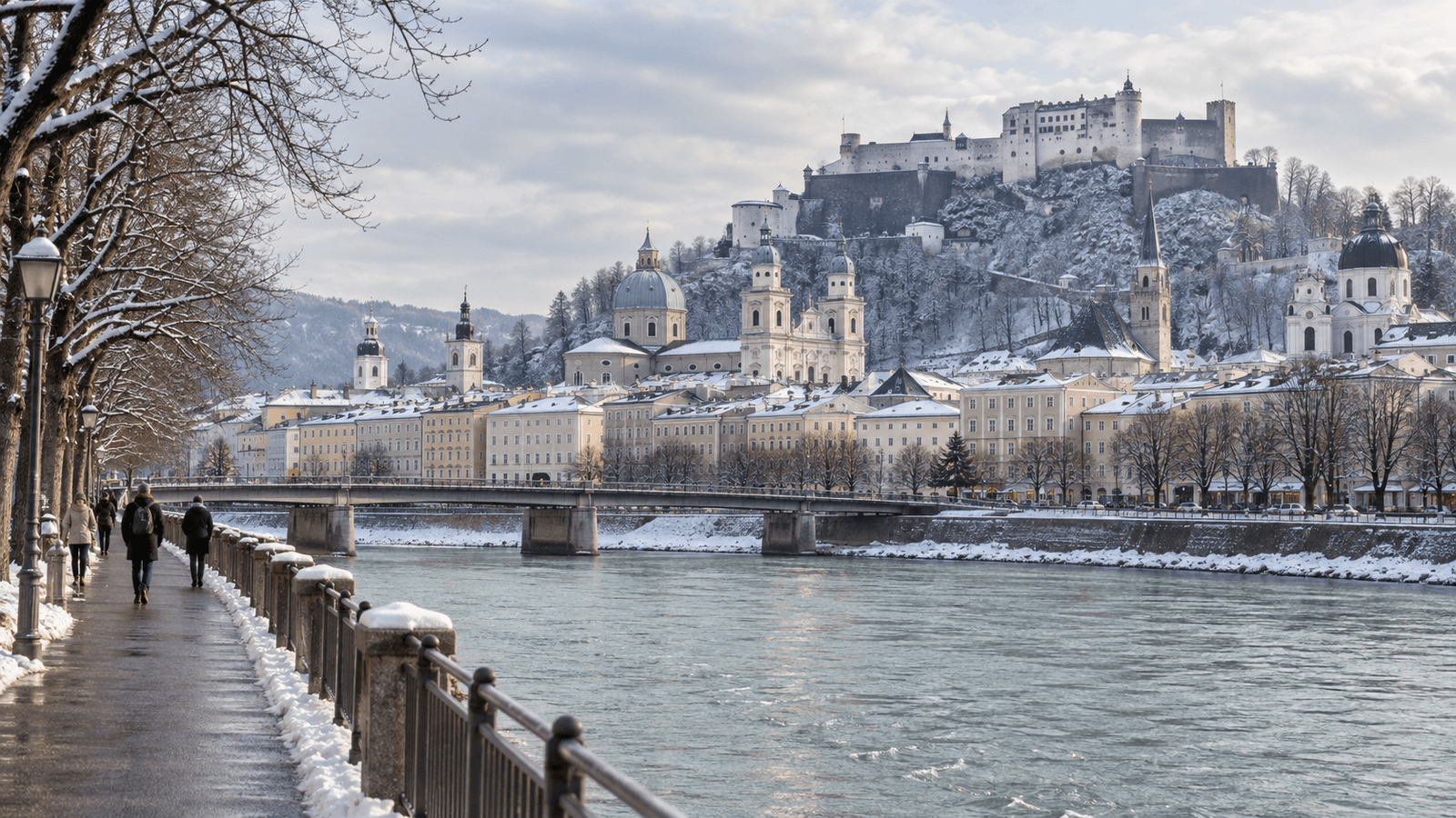 KI-Illustration einer winterlichen Salzburger Altstadtszene.