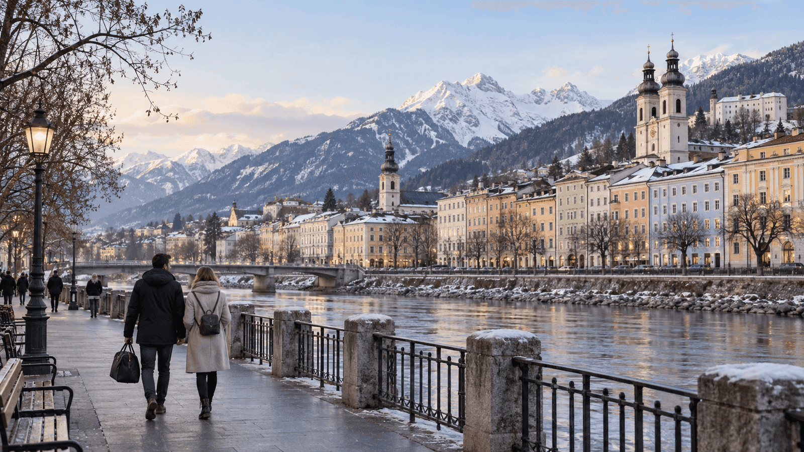 KI-Illustration einer österreichischen Flusspromenade mit historischen Häusern und winterlichen Bergen.