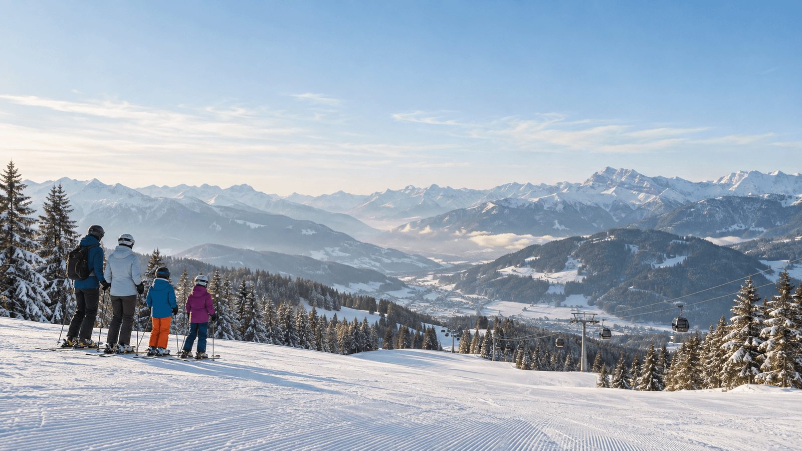 KI-Illustration einer Familie mit Helmen am Rand einer präparierten Alpenpiste, mit Gondeln und Bergen im Hintergrund.