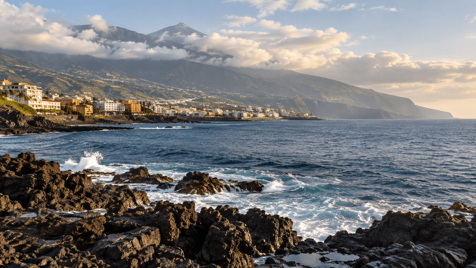 AI illustration of a volcanic Tenerife coast with a seaside town and green slopes