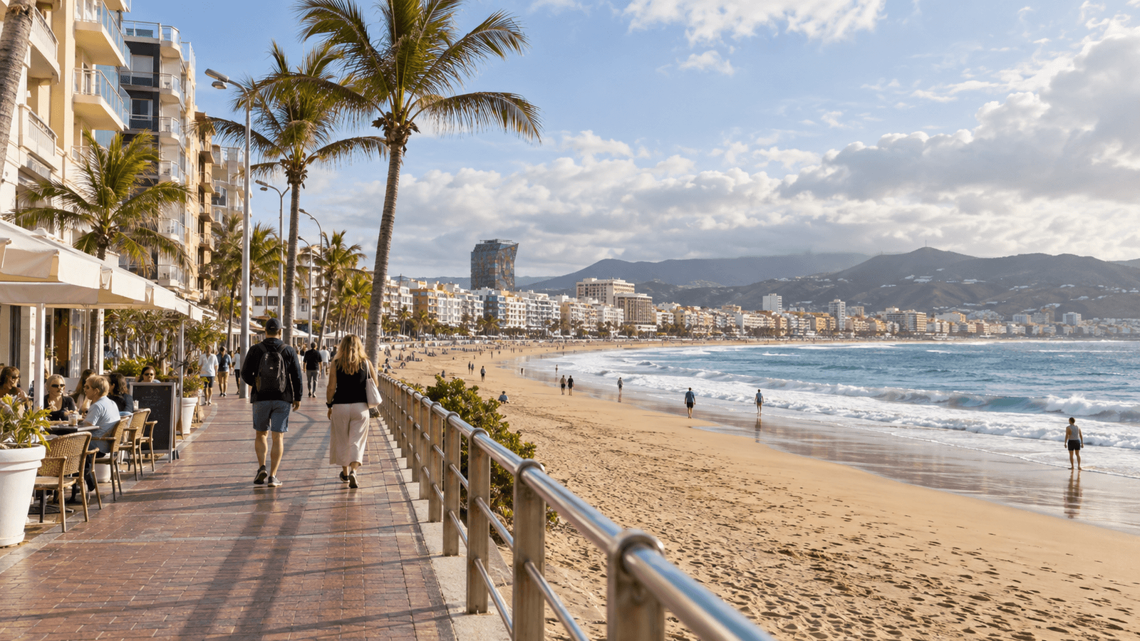 Illustration of a Gran Canaria promenade with a sandy beach, Atlantic water and buildings in soft winter light.