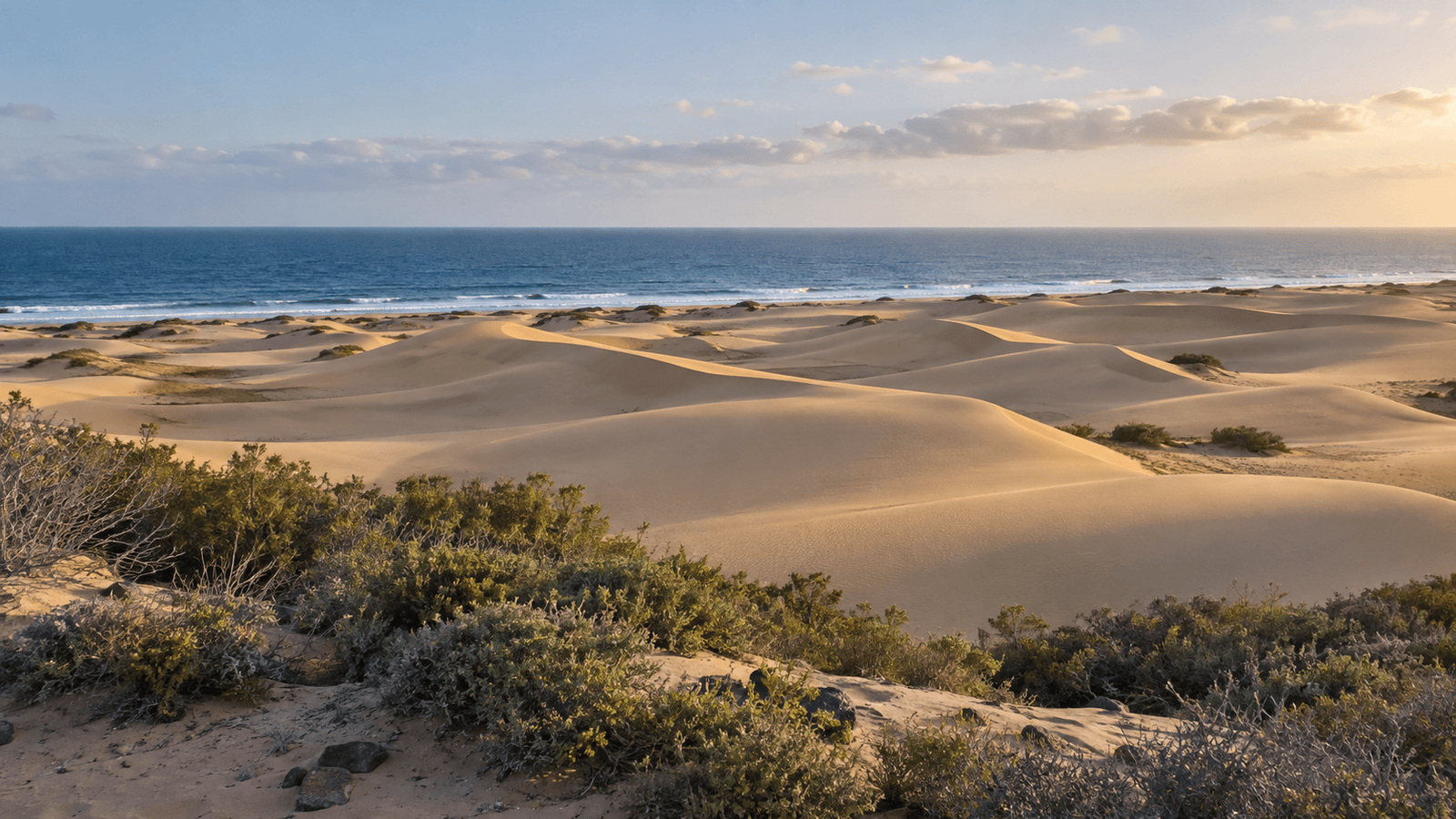 Illustration of pale Maspalomas dunes beside the Atlantic in restrained coastal colours.