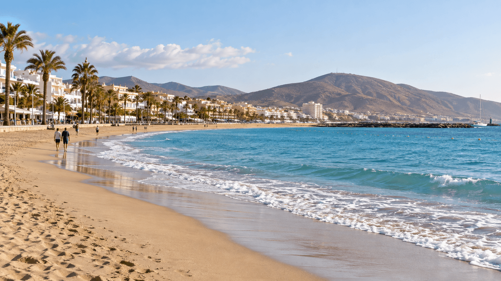 KI-Illustration einer sandigen Bucht mit Promenade an Teneriffas Südküste.