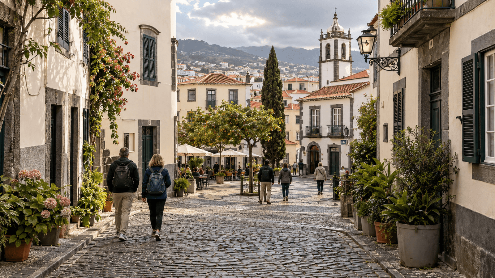Illustration einer ruhigen Straße mit hellen Häusern und Cafés in Funchal.